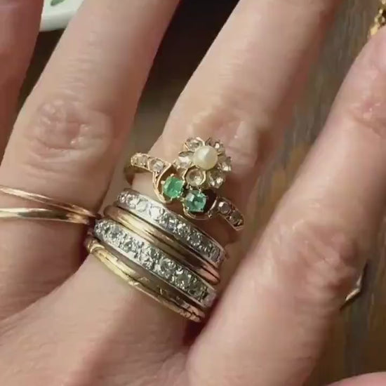 FLORAL Unique Emerald Rose Cut DIAMOND Pearl Figural Ring French Antique 18k Gold Victorian Stacker Green Sparkle Halo Flower Belle Epoque
