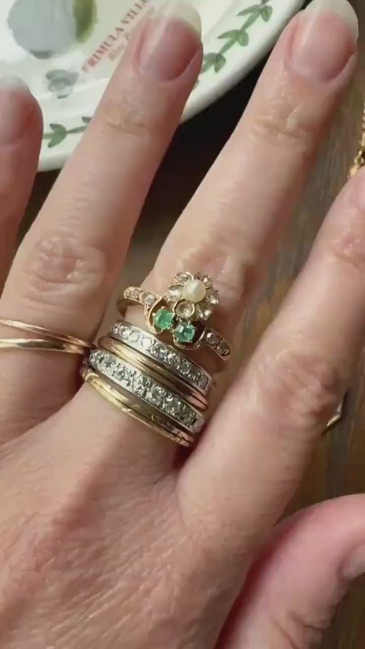 FLORAL Unique Emerald Rose Cut DIAMOND Pearl Figural Ring French Antique 18k Gold Victorian Stacker Green Sparkle Halo Flower Belle Epoque