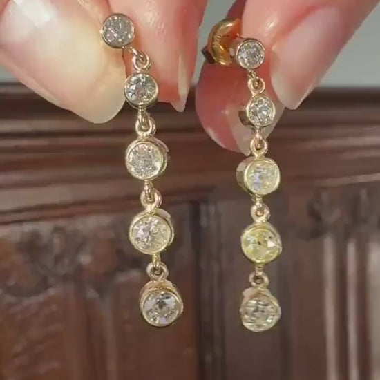 Vintage Dangle Earrings Ten Antique 2.2 Carats Old Mine Cut DIAMOND 18k Gold Linear Five Stone Bezel Set Long Sparklers