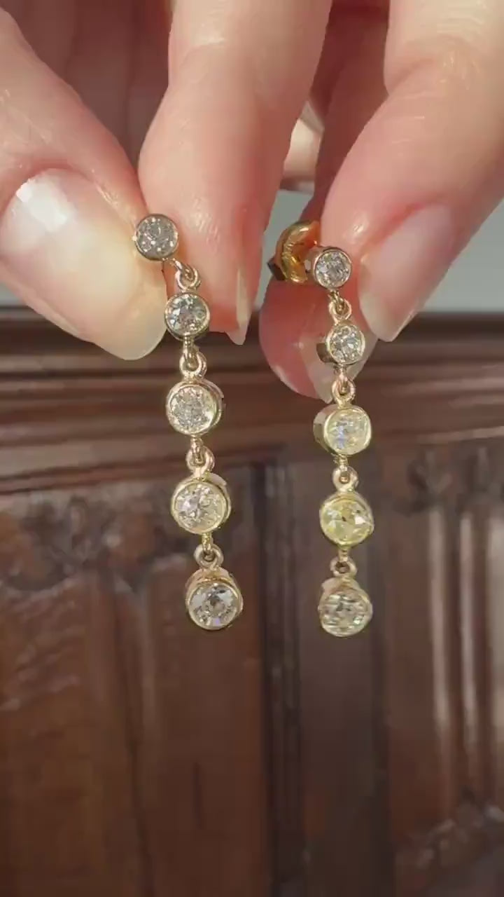 Vintage Dangle Earrings Ten Antique 2.2 Carats Old Mine Cut DIAMOND 18k Gold Linear Five Stone Bezel Set Long Sparklers