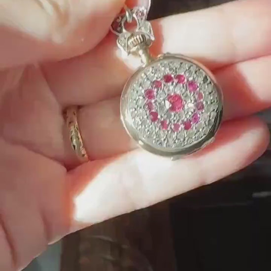 Antique Natural RUBY and Rose Cut Diamond Encrusted French VICTORIAN 18k Gold Silver Pocket Watch Case Pendant Locket Bullseye Target