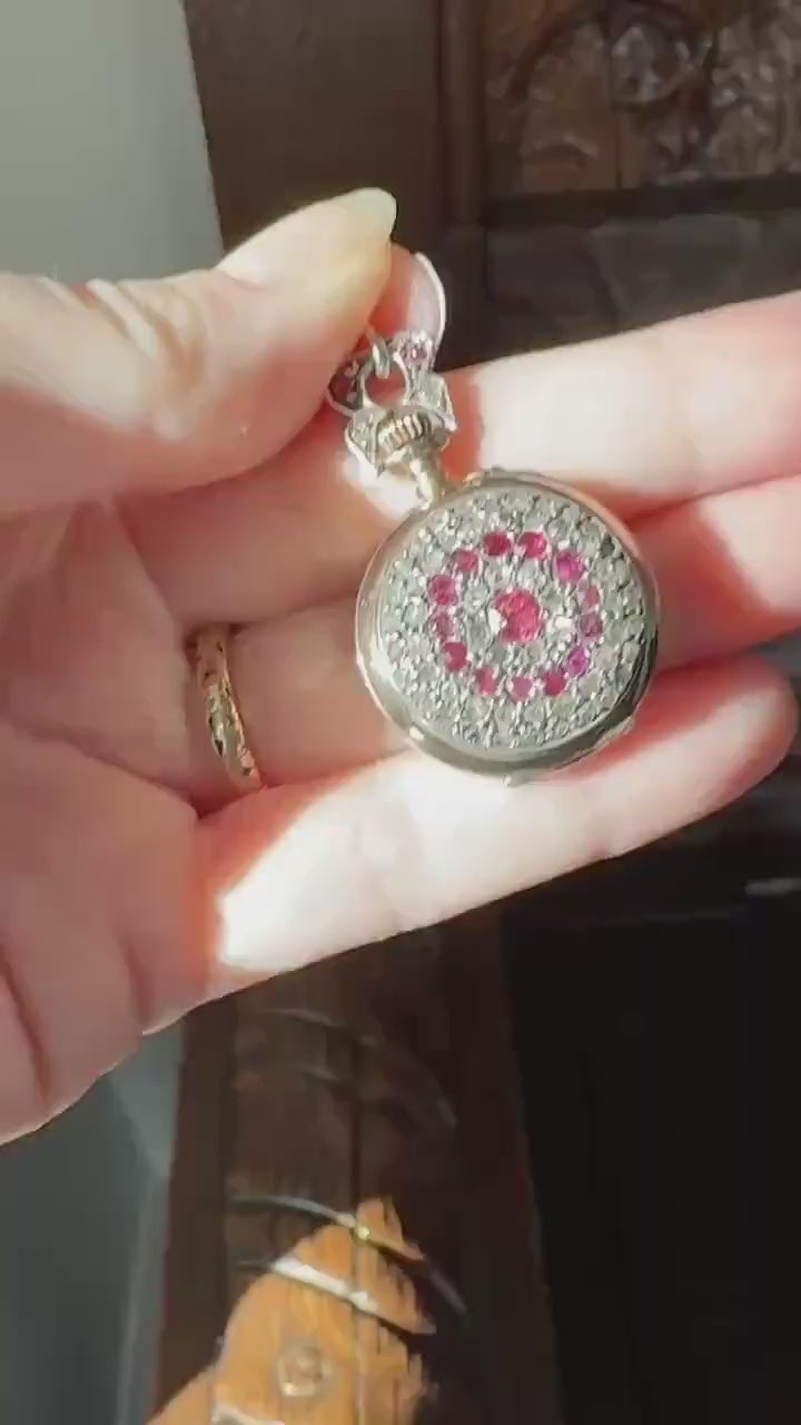 Antique Natural RUBY and Rose Cut Diamond Encrusted French VICTORIAN 18k Gold Silver Pocket Watch Case Pendant Locket Bullseye Target