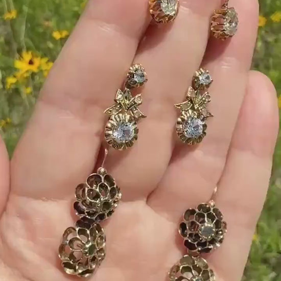BOWS Antique Clear One Carat Old Transitional Cut White TOPAZ Dangle Earrings 18k Gold Solid Figural Ornate Bright and Sparkly