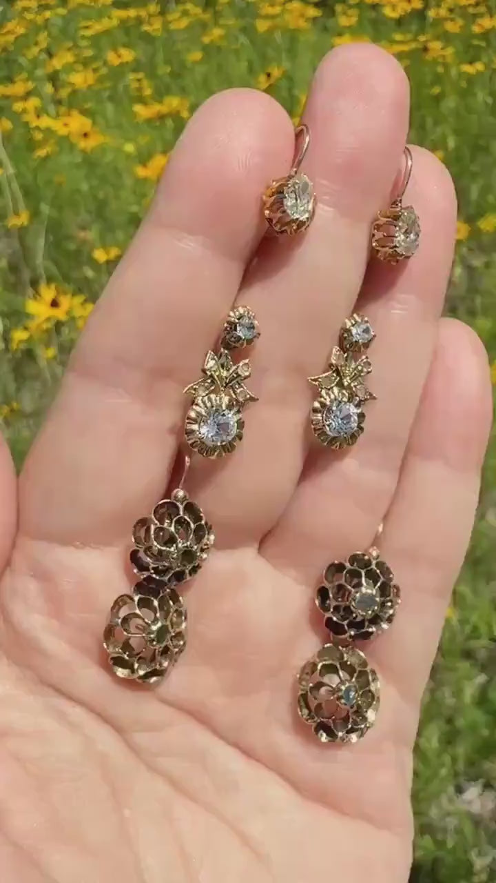 BOWS Antique Clear One Carat Old Transitional Cut White TOPAZ Dangle Earrings 18k Gold Solid Figural Ornate Bright and Sparkly