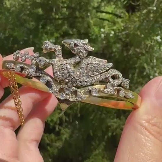 DRAGON Rare One of a Kind Antique Figural 130+ Rose Cut Diamond BANGLE Bracelet French Victorian 18k Gold Silver Chimera Phoenix Chevron