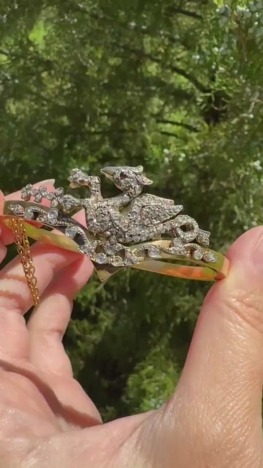 DRAGON Rare One of a Kind Antique Figural 130+ Rose Cut Diamond BANGLE Bracelet French Victorian 18k Gold Silver Chimera Phoenix Chevron