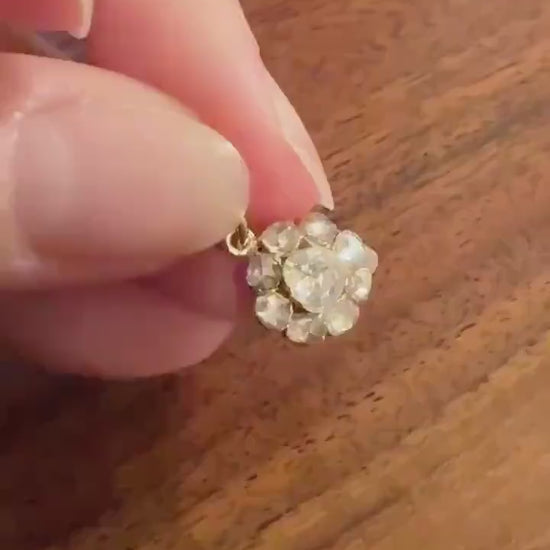 Daisy Cluster Pendant Rose Cut DIAMOND Antique Victorian 18k Gold Pendant Faces Up 1.15 Carat Necklace Bracelet Charm Floral Drop Dangle