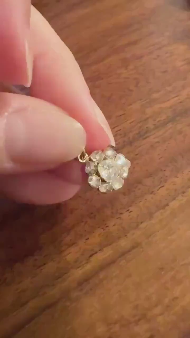 Daisy Cluster Pendant Rose Cut DIAMOND Antique Victorian 18k Gold Pendant Faces Up 1.15 Carat Necklace Bracelet Charm Floral Drop Dangle