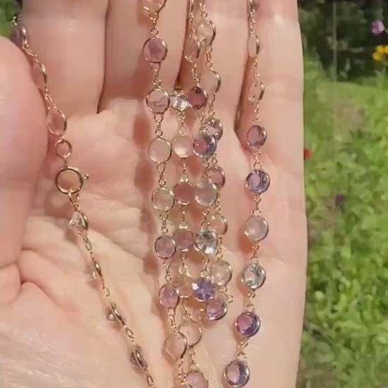 Vintage Gemset Long Station Chain Guard Rose Pink Quartz White Topaz Purple Amethyst 18k GOLD Necklace Layering Bezel Set Sparkle Harlequin