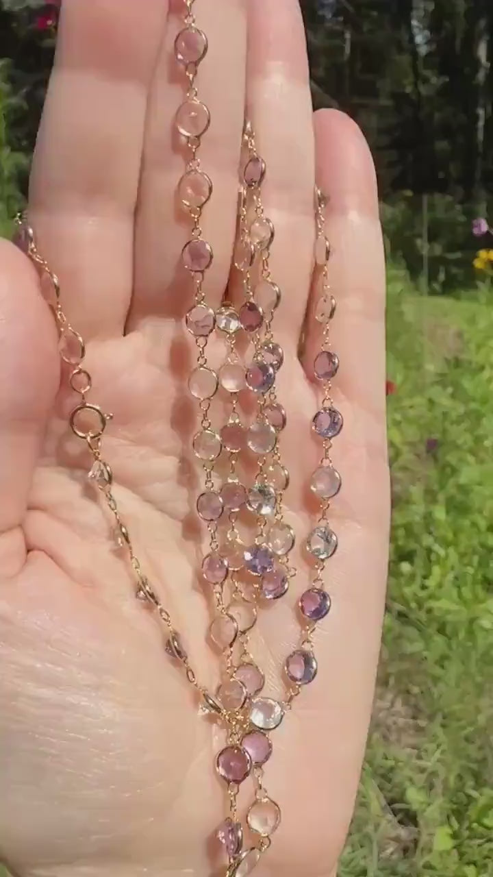Vintage Gemset Long Station Chain Guard Rose Pink Quartz White Topaz Purple Amethyst 18k GOLD Necklace Layering Bezel Set Sparkle Harlequin