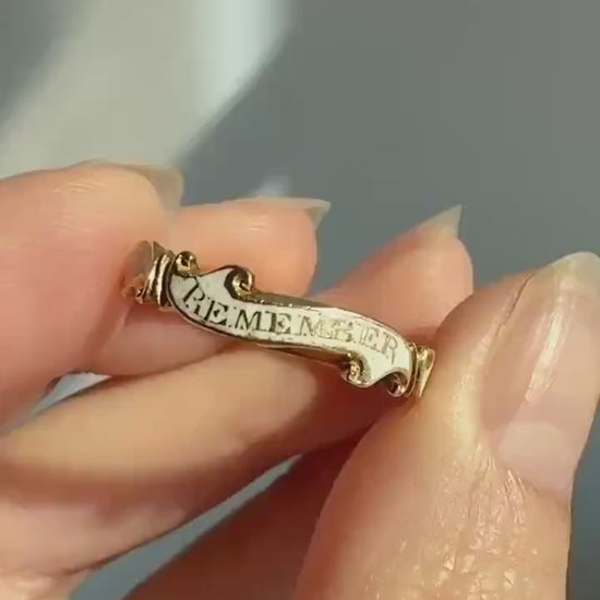 Antique "REMEMBER Your FRIENDS End" GEORGIAN Era White Enamel 18k Gold Swirl Mourning Ring Antique Band Sturdy Comfort Fit Stacker Words
