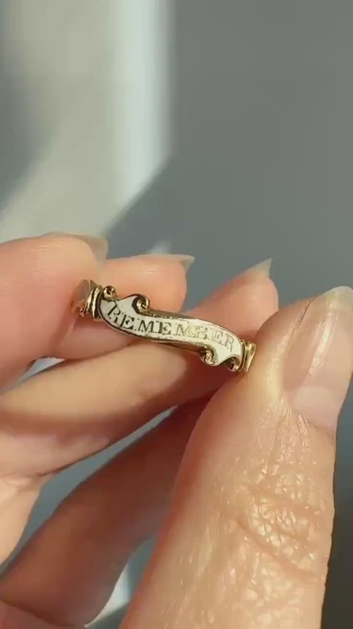 Antique "REMEMBER Your FRIENDS End" GEORGIAN Era White Enamel 18k Gold Swirl Mourning Ring Antique Band Sturdy Comfort Fit Stacker Words
