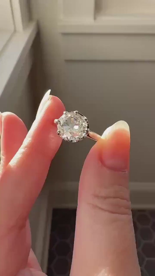 Antique 1.75 Carat Old Mine Cut DIAMOND East West OVAL Solitaire French Engagement Ring 18k White Gold Rainbow Stacker Love Gift Spready OMC