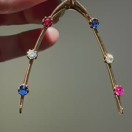XL Lucky WISHBONE Figural Antique Victorian Good Luck Charm 15k Gold Ruby Sapphire Old Mine Cut Diamond Colorful Amulet Neckmess Neckstack