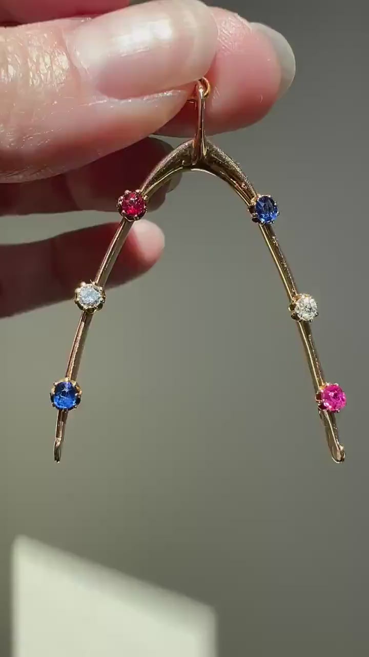 XL Lucky WISHBONE Figural Antique Victorian Good Luck Charm 15k Gold Ruby Sapphire Old Mine Cut Diamond Colorful Amulet Neckmess Neckstack