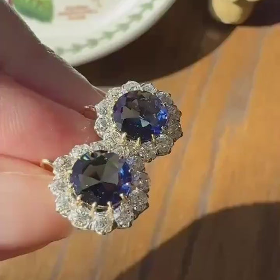 Antique 1.7 Carat Old Mine Cut DIAMOND Blue Paste Faux Sapphire 18k Gold Halo Dormeuse Earrings Victorian Dangle Gift Something Old Blue