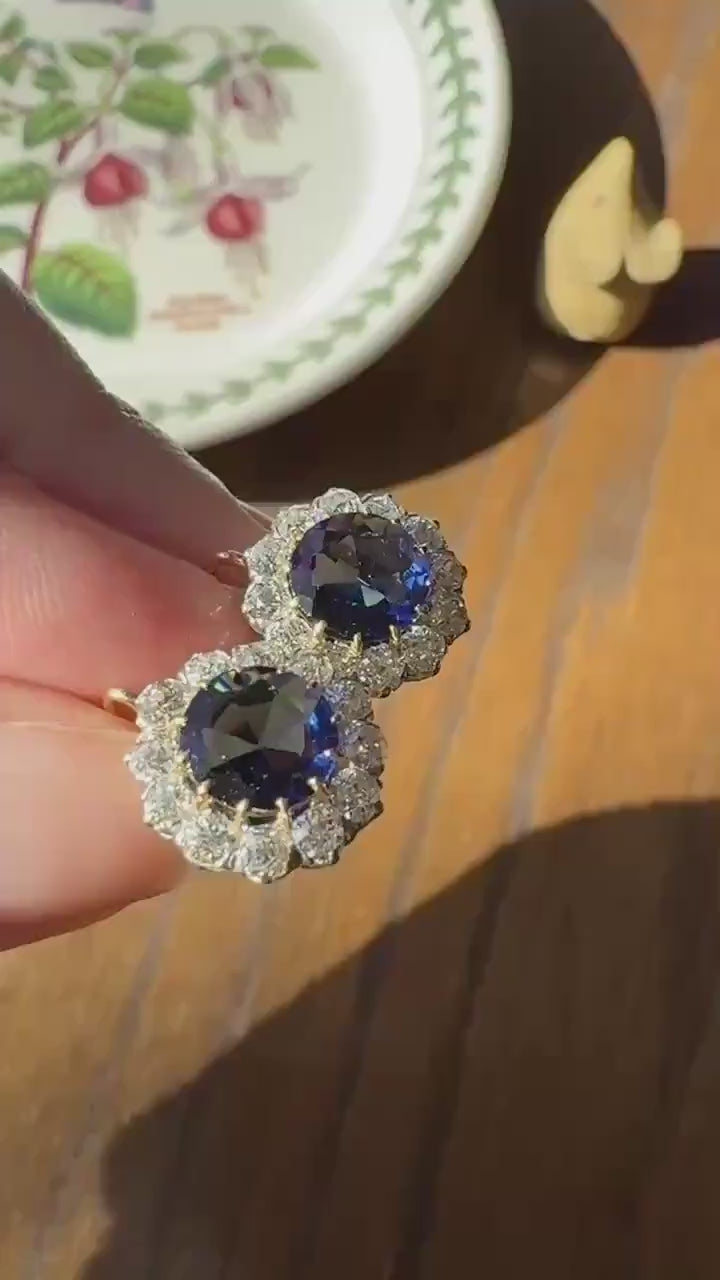Antique 1.7 Carat Old Mine Cut DIAMOND Blue Paste Faux Sapphire 18k Gold Halo Dormeuse Earrings Victorian Dangle Gift Something Old Blue
