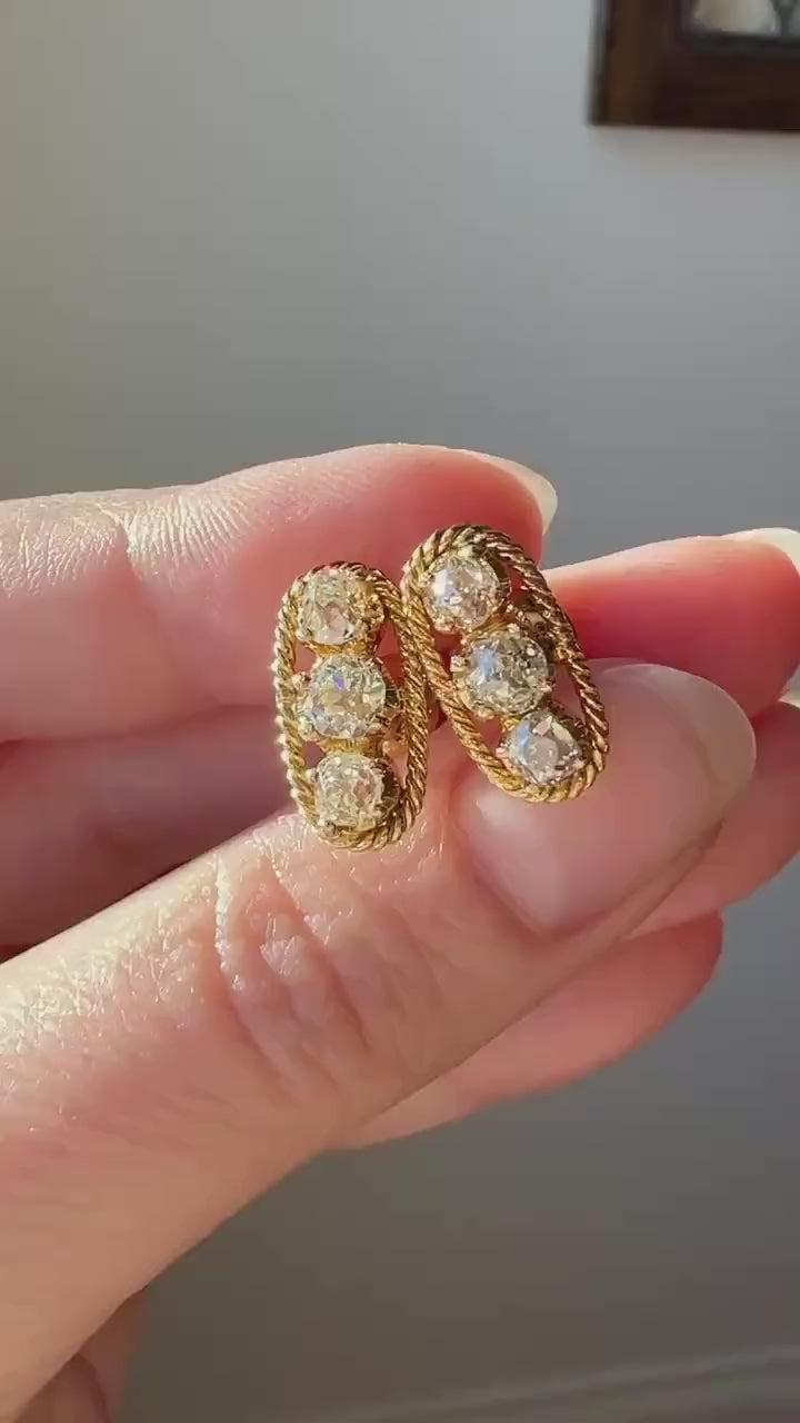 Three Stone 1.2 Carat Antique Old Mine Cut DIAMOND Stud Earrings 14k GOLD 1.2Ctw Classic Gift Belle Epoque Bridal Something Old OMC Unique