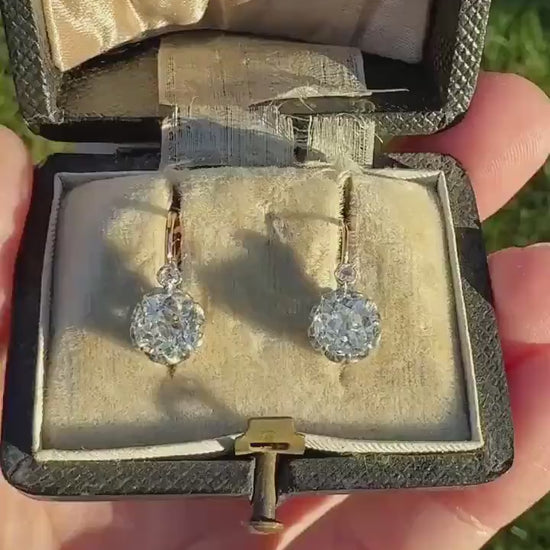 BOXED Original Antique 1.75 Carat Tdw Old Mine Cut Diamond Earrings 18k Gold Platinum French Victorian Dangle Dormeuse Gift Belle Epoque