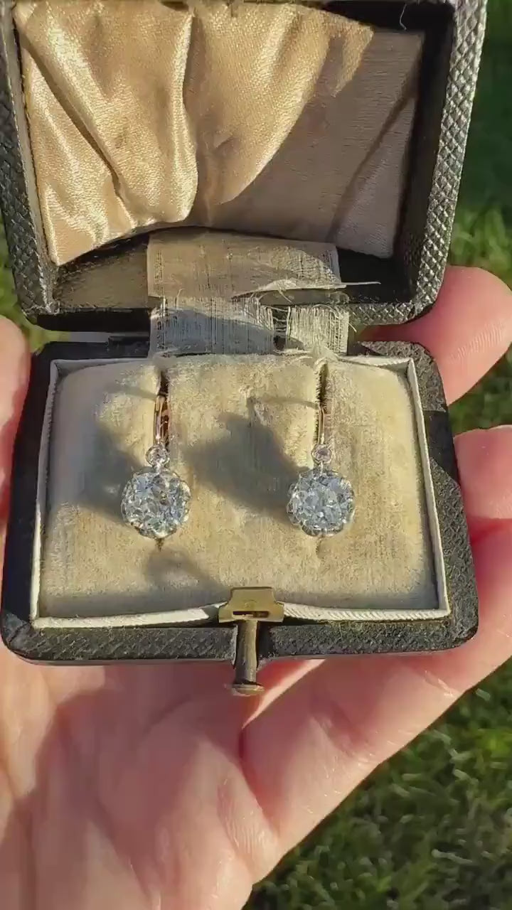 BOXED Original Antique 1.75 Carat Tdw Old Mine Cut Diamond Earrings 18k Gold Platinum French Victorian Dangle Dormeuse Gift Belle Epoque