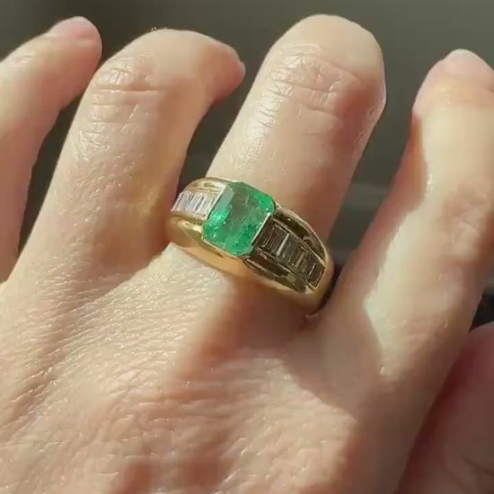 Chunky Green EMERALD Baguette Cut DIAMOND 6g 18k Gold Solid Vintage Gypsy Ring Domed Retro Wide Band Natural Geometric Stacker Man Unisex