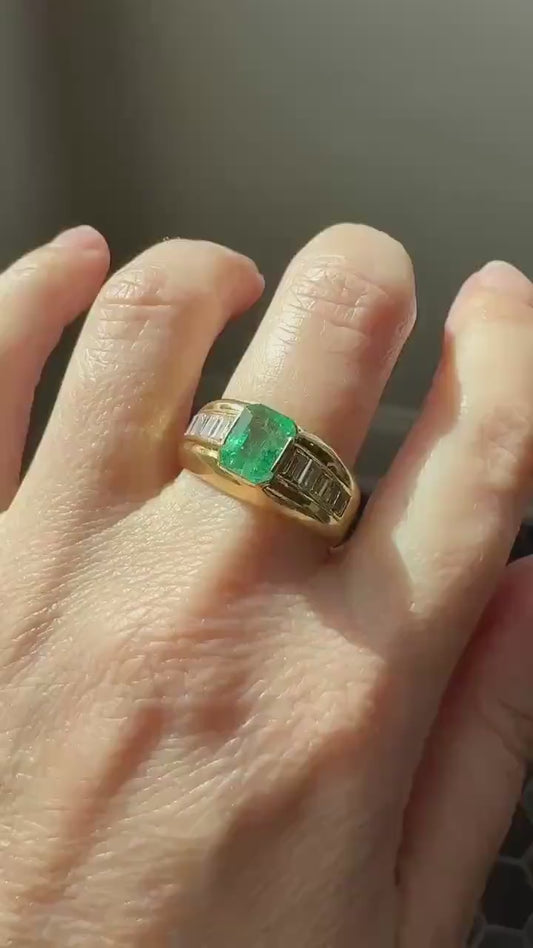 Chunky Green EMERALD Baguette Cut DIAMOND 6g 18k Gold Solid Vintage Gypsy Ring Domed Retro Wide Band Natural Geometric Stacker Man Unisex