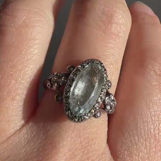 Rare VICTORIAN Foiled AQUAMARINE Rose Cut DIAMOND Halo Floral Ring 18k Gold Silver Pale Blue French Antique Stacker Romantic Gift Ring Butt