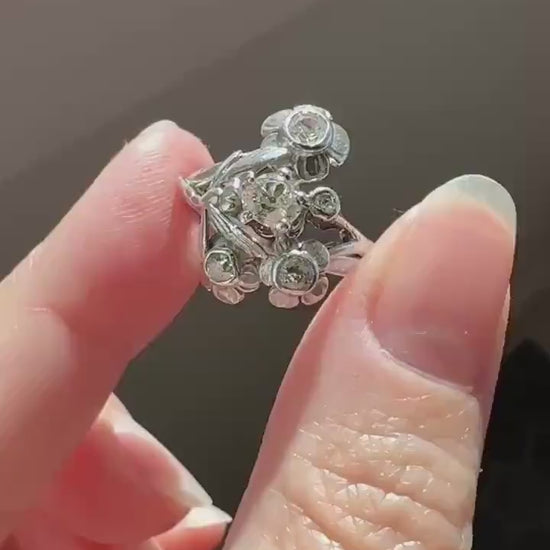 DRAGONFLY Special Dated 1922 Antique Ring 0.7 Carat Old Mine Cut DIAMONDS 18k White Gold Figural Flower Bouquet French Art Deco .7Ctw OMC