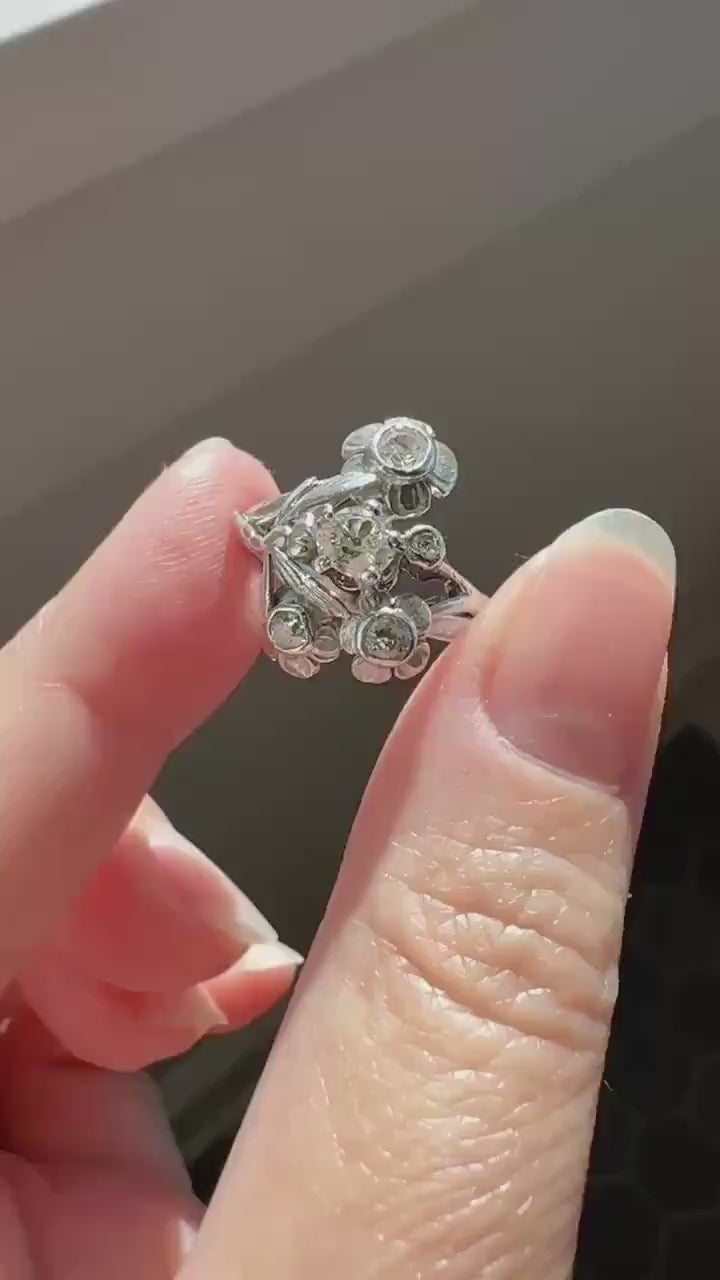 DRAGONFLY Special Dated 1922 Antique Ring 0.7 Carat Old Mine Cut DIAMONDS 18k White Gold Figural Flower Bouquet French Art Deco .7Ctw OMC