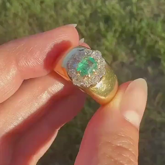 HEAVY Antique French 11.3g 18k Gold Wide Band Natural Emerald .75 Carat Old Mine Cut Diamond Halo Cluster
