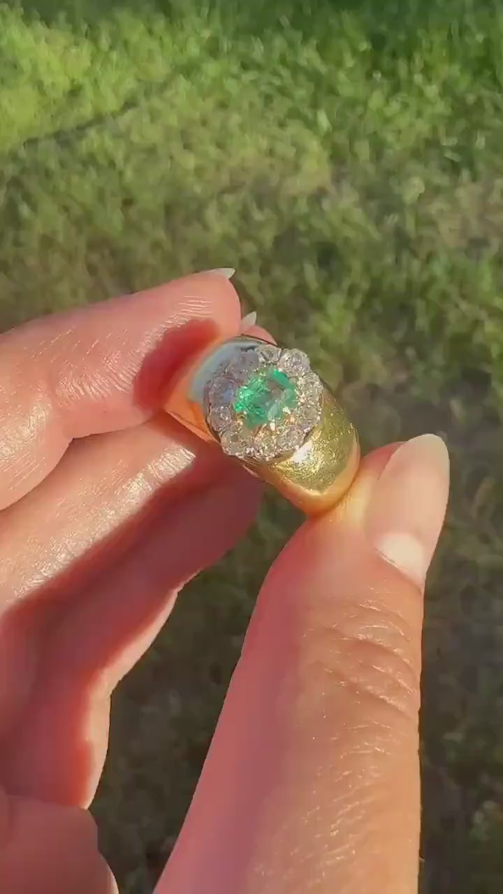 HEAVY Antique French 11.3g 18k Gold Wide Band Natural Emerald .75 Carat Old Mine Cut Diamond Halo Cluster
