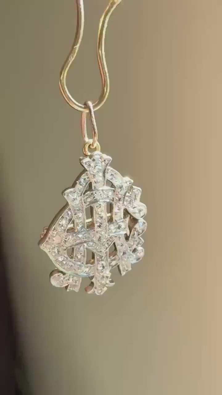 AEI Amity Eternity Infinity Antique 2.5 Carat Old Mine Rose Cut Diamond Initial XL Pendant Heavy Figural 14k Gold Platinum 3D Letter 2.5Ct