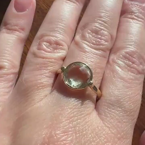 Pale GREEN Natural Prasiolite 18k Gold Bezel Set Modern Ring Domed Disco Ball Rose Cut Faceting Quartz Amethyst Spanish Made