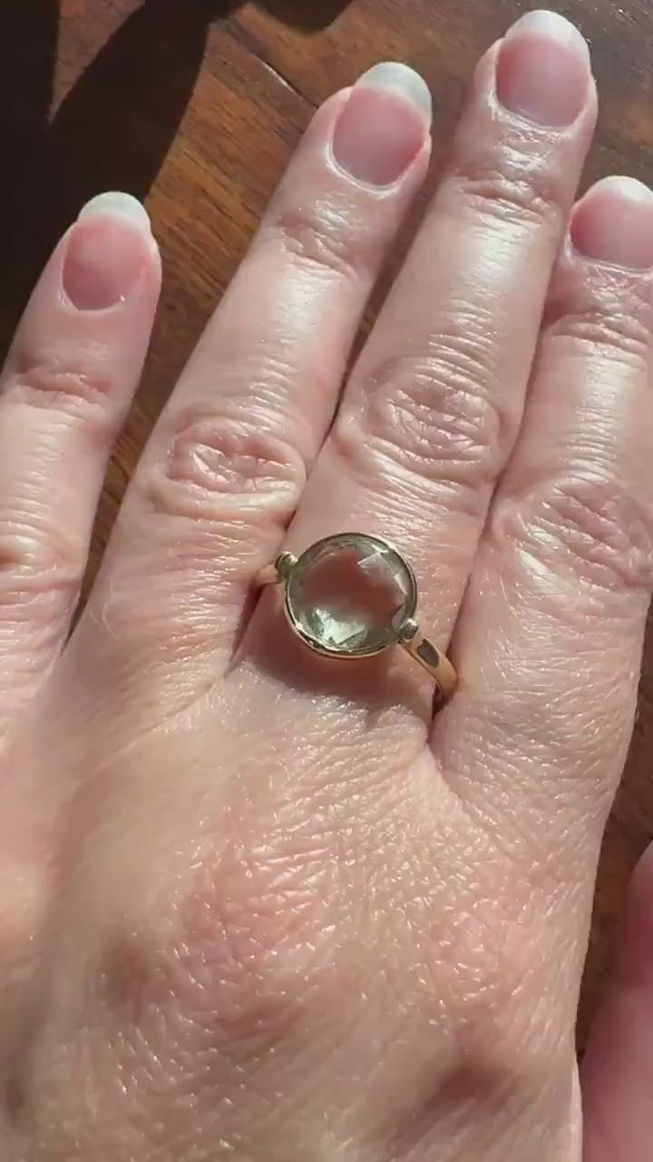 Pale GREEN Natural Prasiolite 18k Gold Bezel Set Modern Ring Domed Disco Ball Rose Cut Faceting Quartz Amethyst Spanish Made
