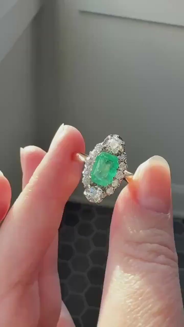 Boxed French Antique Natural Zambia EMERALD w/ Cert & 1.1Ctw Old Mine Cut DIAMOND Halo Ring 18k Gold Platinum Green Belle Epoque Gift OMC