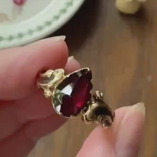 One of a Kind Antique Perpignan Garnet Pear Teardrop Solitaire Ring On Most Ornate Victorian Era Scrolled Band 18k Gold French Crimson Glow