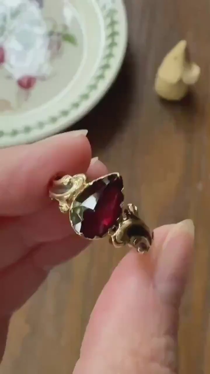 One of a Kind Antique Perpignan Garnet Pear Teardrop Solitaire Ring On Most Ornate Victorian Era Scrolled Band 18k Gold French Crimson Glow