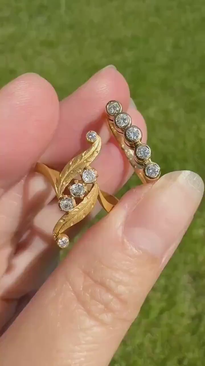 Vintage Five Stone DIAMOND Tiered Bezel Set Diamond Skinny Band 18k Gold Tall Crown Ring Minimalist Stacker