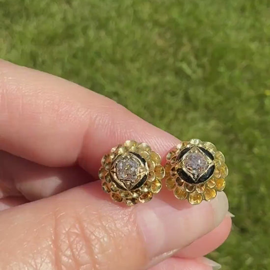 Antique Buttercup 0.5 Carat Old Mine Cut Diamond Stud Victorian Earrings 18k Gold Solid Scalloped Domed Black Enamel Halo Ornate