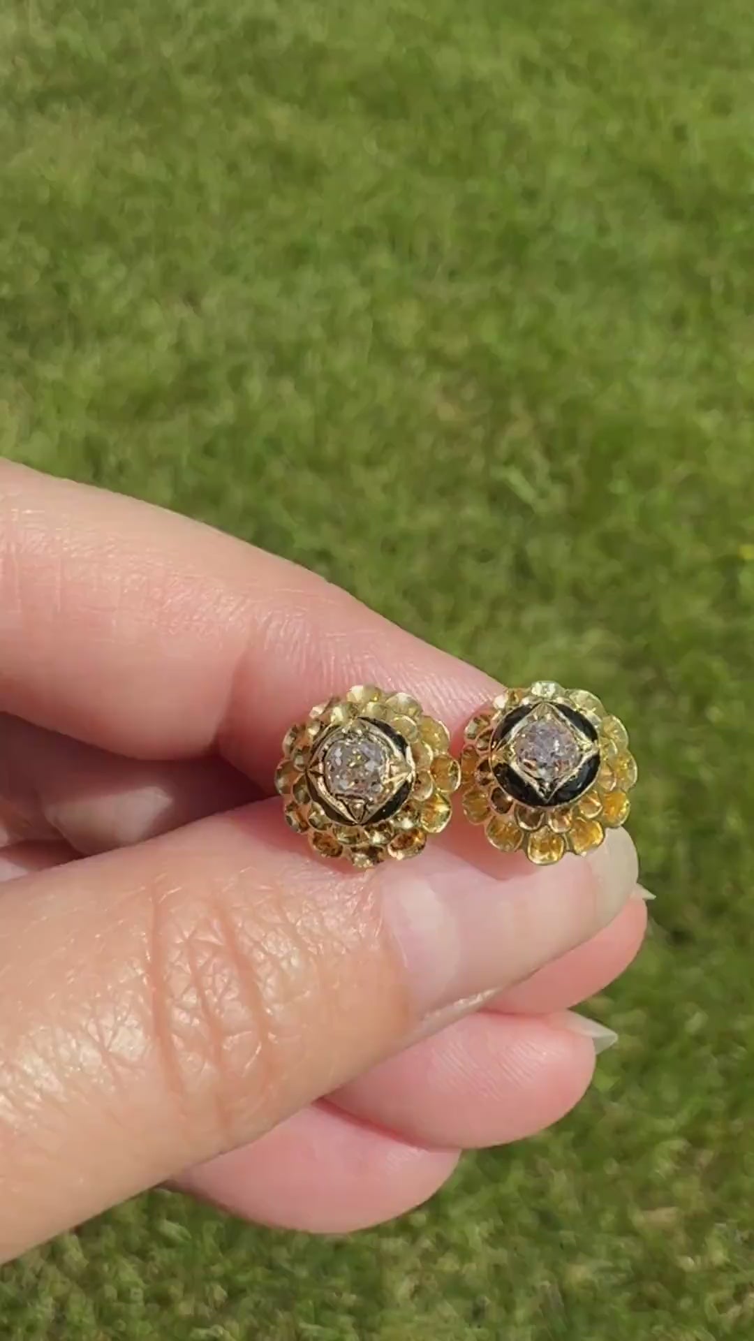 Antique Buttercup 0.5 Carat Old Mine Cut Diamond Stud Victorian Earrings 18k Gold Solid Scalloped Domed Black Enamel Halo Ornate