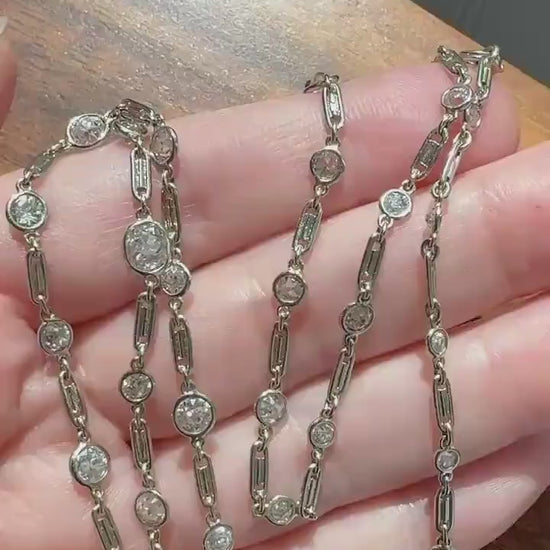 Vintage Seven 7 Carats Natural Old Mine Cut Diamond Bezel Set Eternity Station Chain French 18k White Gold Necklace 23.75" Long Neckstack