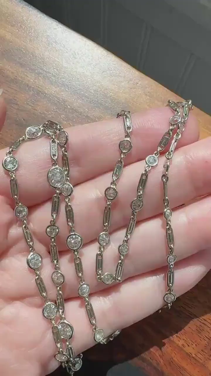 Vintage Seven 7 Carats Natural Old Mine Cut Diamond Bezel Set Eternity Station Chain French 18k White Gold Necklace 23.75" Long Neckstack