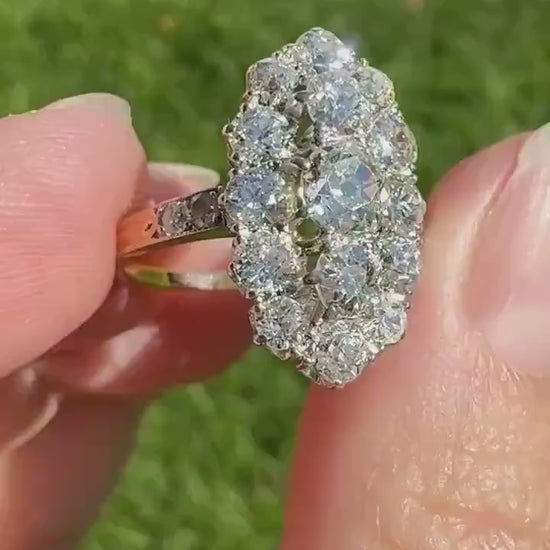 Antique 2.5 Carat Old Mine & European Cut DIAMOND Oval Navette Cluster Ring French 18k Gold Platinum Victorian Belle Epoque Ct OMC