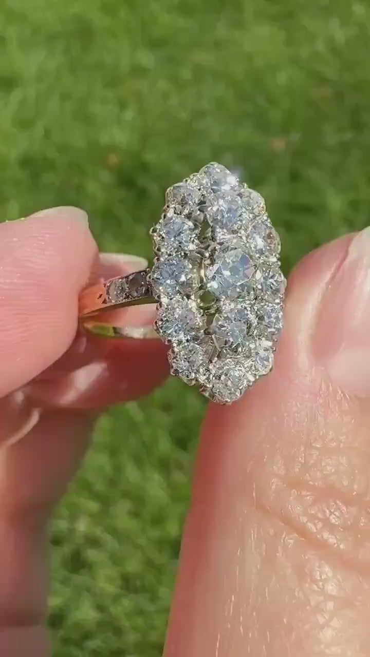 Antique 2.5 Carat Old Mine & European Cut DIAMOND Oval Navette Cluster Ring French 18k Gold Platinum Victorian Belle Epoque Ct OMC
