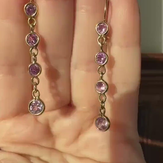 Vintage PINK SAPPHIRE 14k Gold Solid Bezel Set Dangle Earrings Linear Lilac Pastel Pink Sparkle