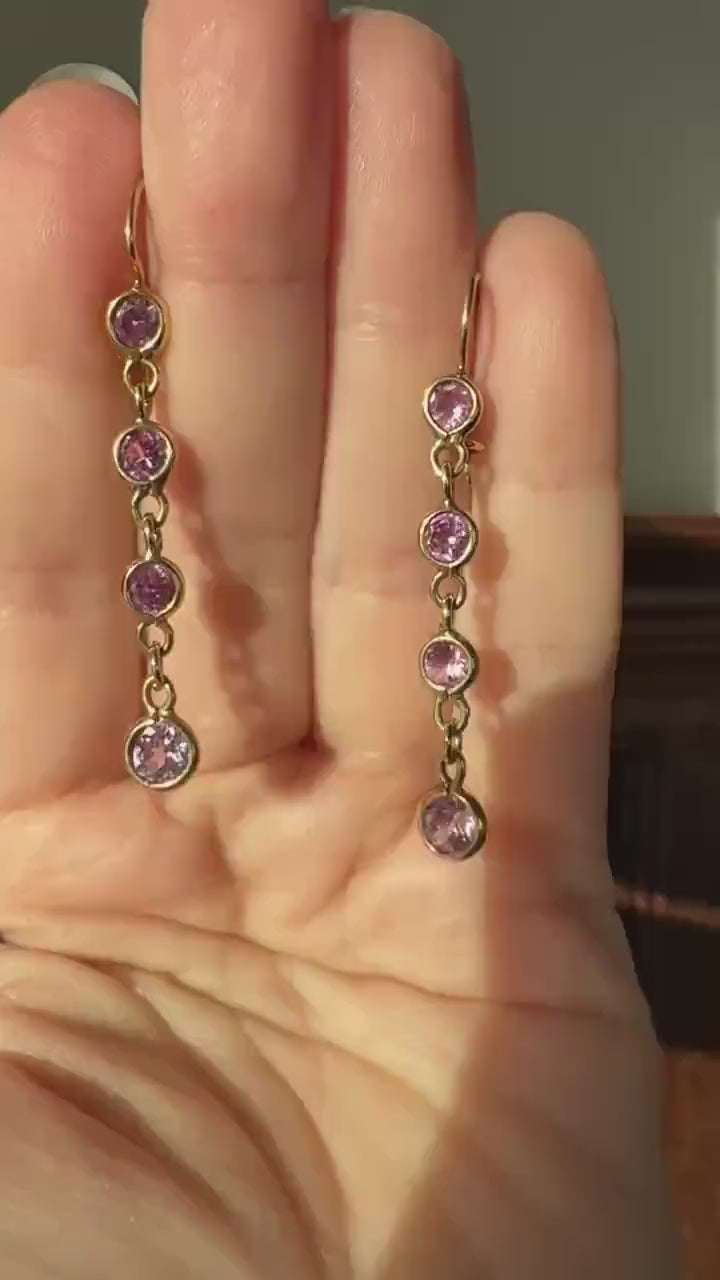 Vintage PINK SAPPHIRE 14k Gold Solid Bezel Set Dangle Earrings Linear Lilac Pastel Pink Sparkle