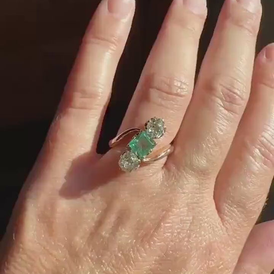 Antique Natural EMERALD & 1.2 Carat Old Mine Cut DIAMONDS Ring Swirl Bypass Band 14k Rose Gold Art Nouveau Green Sparkle