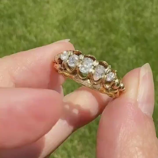 UNIQUE Ornate Victorian Five Stone Old Mine Cut Diamond Ring 18k Gold Antique Band Scroll Scallop Ball Rivet Gorgeousness