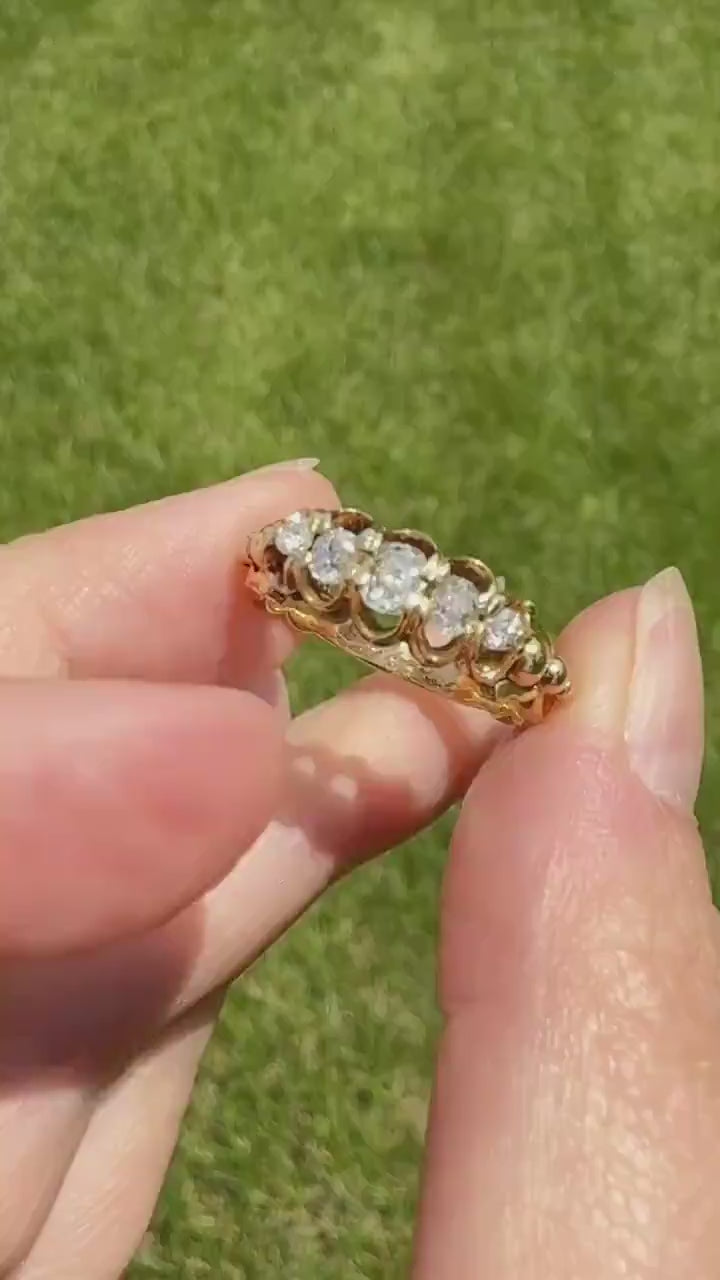 UNIQUE Ornate Victorian Five Stone Old Mine Cut Diamond Ring 18k Gold Antique Band Scroll Scallop Ball Rivet Gorgeousness