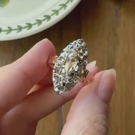 XL Antique Unique Elongated Rose Cut Diamond Navette Cluster Open Back French Victorian Era 18k Rose Gold & Platinum 1 inch Chunky Sparkle